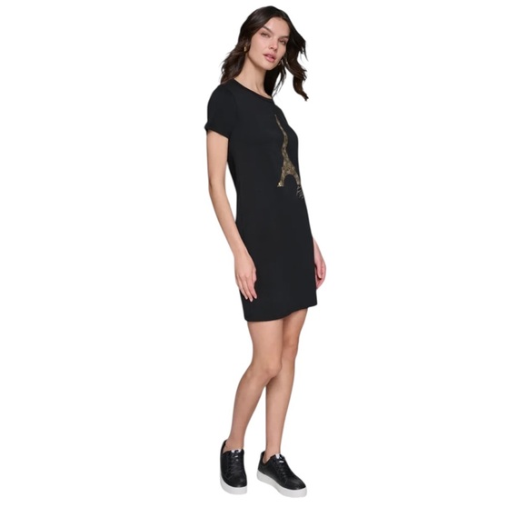 Karl Lagerfeld Paris Eiffel Tower Tee Dress Black Gold Size M NWOT - Picture 2 of 5